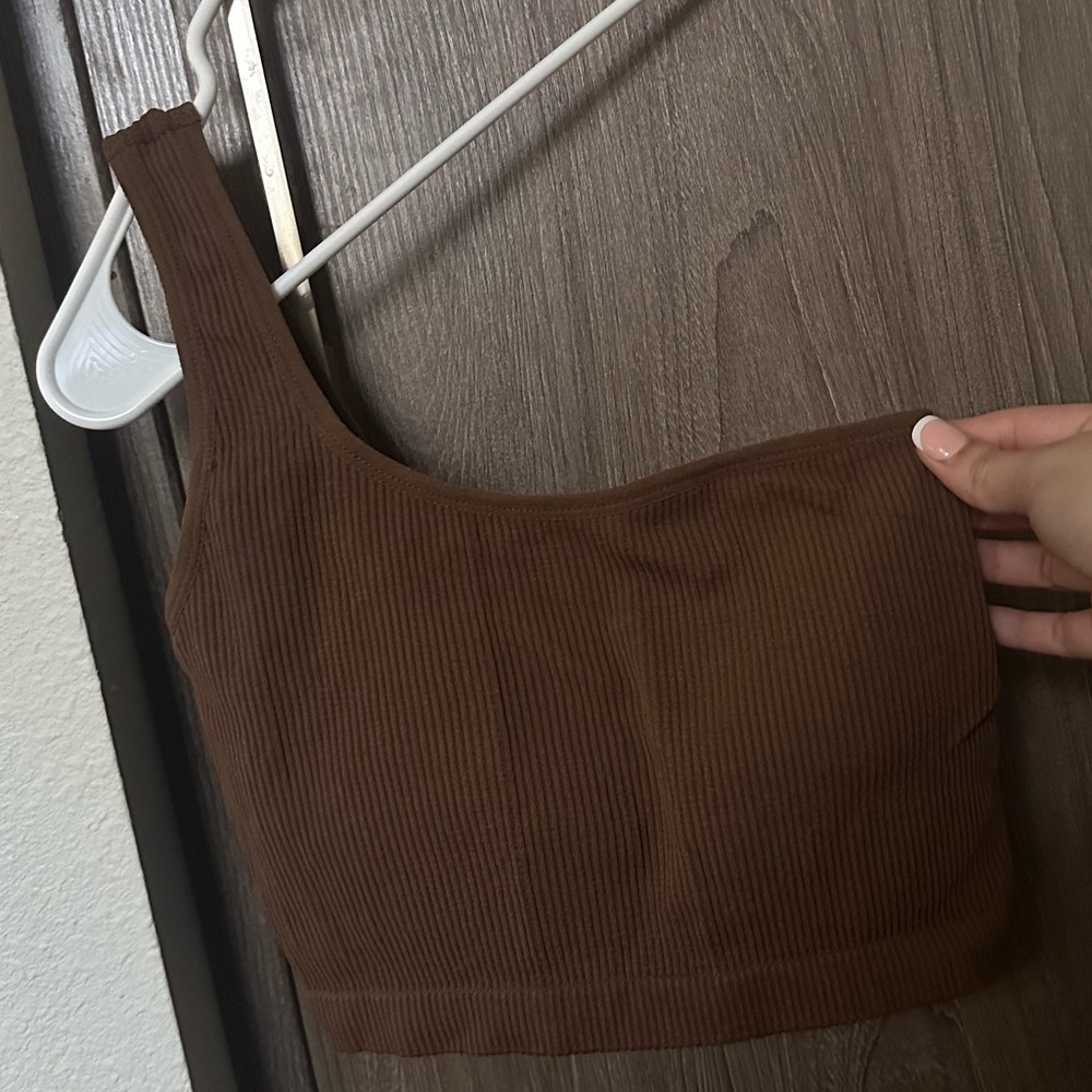 Brown One-Shoulder Ribbed Top